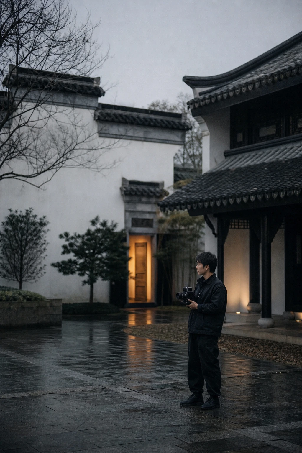 婚礼摄影师骄阳完整站在庭院中，手持摄影机