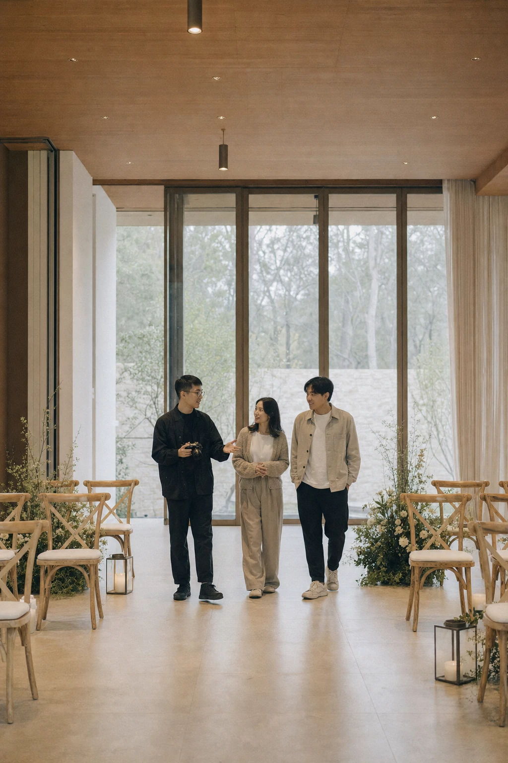 摄影师与新人完整入镜，一起查看婚礼场地