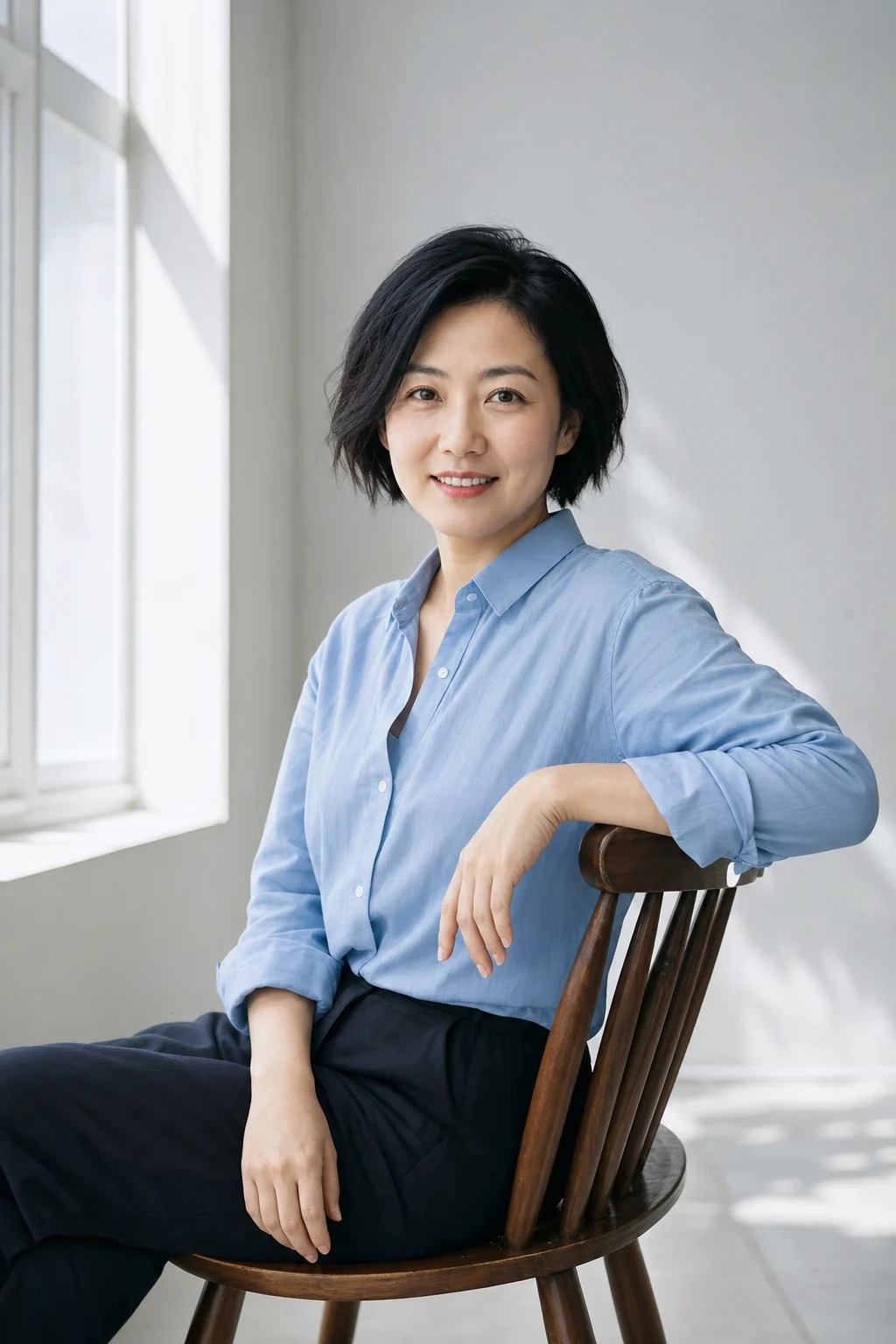 蓝色衬衫中国女性椅子肖像